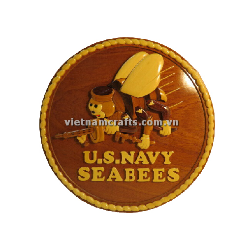 Intarsia wood art wholesale Secret Wooden puzzle box manufacture Handcrafted wooden supplier made in Vietnam HANDCRAFTED U.S SEABEES LOGOS