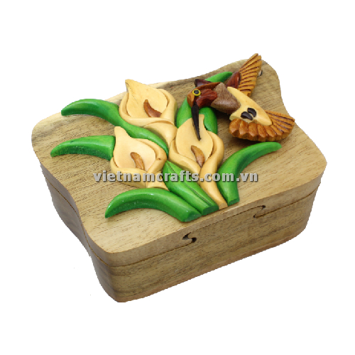 Intarsia wood art wholesale Secret Wooden puzzle box manufacture Handcrafted wooden supplier made in Vietnam a Hummingbird Puzzle Box (2)