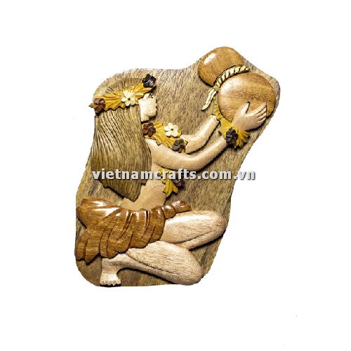 Intarsia wood art wholesale Secret Wooden puzzle box manufacture Handcrafted wooden supplier made in Vietnam Hula Girl with Ipu (1)