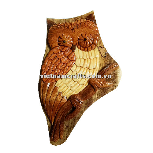 Intarsia wood art wholesale Secret Wooden puzzle box manufacture Handcrafted wooden supplier made in Vietnam Puzzle Box Owl IB155
