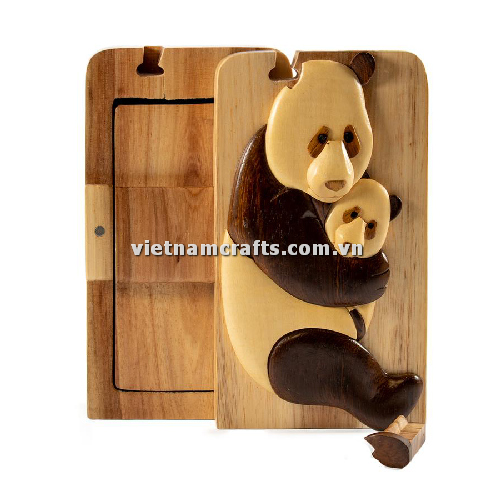 IB161 Intarsia wood art wholesale Secret Wooden puzzle box manufacture Handcrafted wooden supplier made in Vietnam Panda and Baby