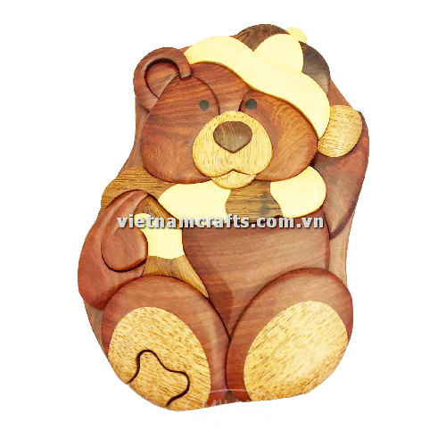 IB174 Intarsia wood art wholesale Secret Wooden puzzle box manufacture Handcrafted wooden supplier made in Vietnam Teddy Bear Puzzle Box