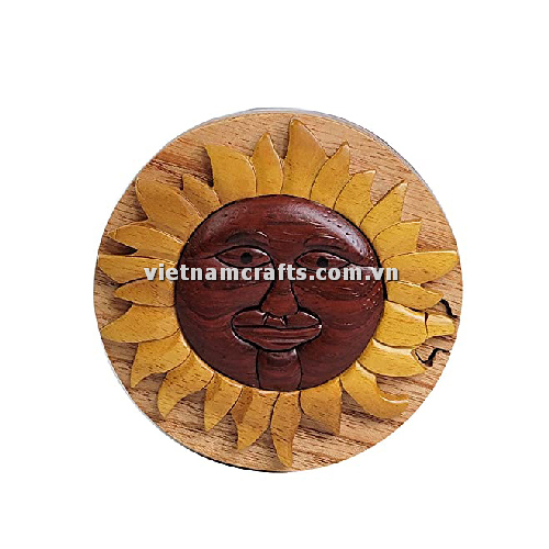 IB176 Intarsia wood art wholesale Secret Wooden puzzle box manufacture Handcrafted wooden supplier made in Vietnam The Smilling Sun
