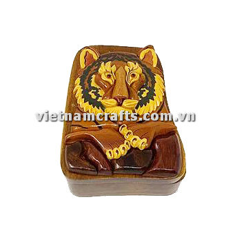 IB183 Intarsia wood art wholesale Secret Wooden puzzle box manufacture Handcrafted wooden supplier made in Vietnam WOODEN Tiger Head INTARSIA PUZZLE
