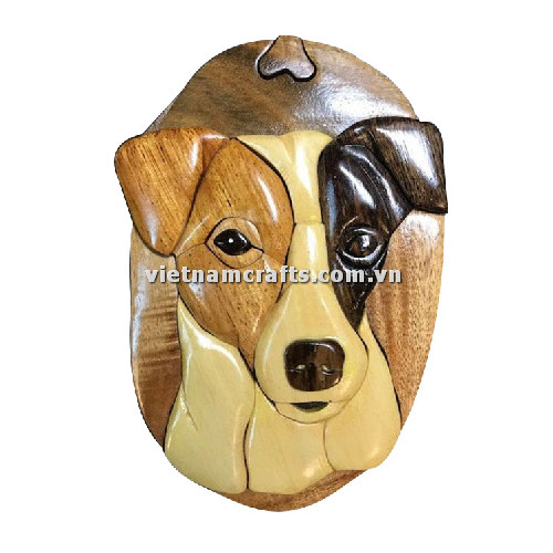 IB187 Intarsia Wood Art Wholesale Secret Wooden Scroll Saw Puzzle Box Manufacture Handcrafted Wooden Supplier Made In Vietnam Jack Russel Terrier Dog