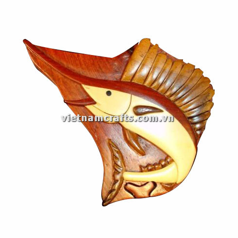IB191 Intarsia Wood Art Wholesale Secret Wooden Scroll Saw Puzzle Box Manufacture Handcrafted Wooden Supplier Made In Vietnam Marlin Fish