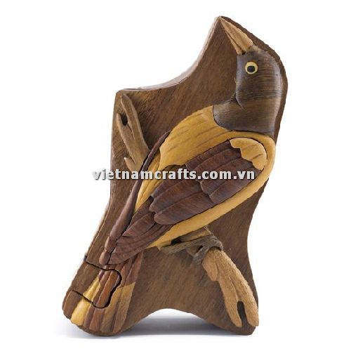 IB194 Intarsia Wood Art Wholesale Secret Wooden Scroll Saw Puzzle Box Manufacture Handcrafted Wooden Supplier Made In Vietnam Oriole Bird