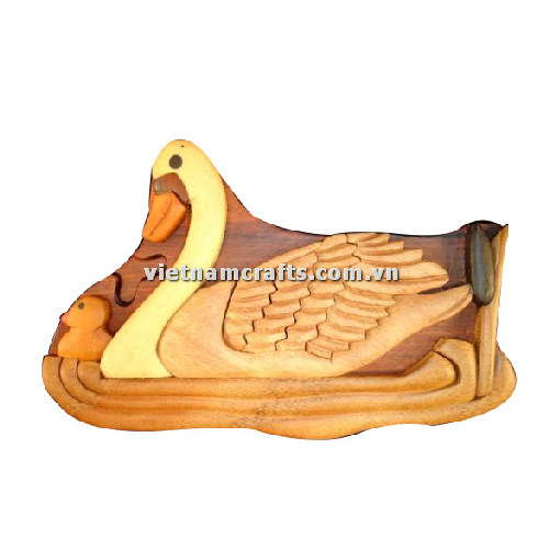 IB207 Intarsia Wood Art Wholesale Secret Wooden Scroll Saw Puzzle Box Manufacture Handcrafted Wooden Supplier Made In Vietnam Swan and Baby