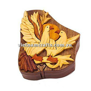 IB233 Intarsia Wood Art Wholesale Secret Wooden Scroll Saw Puzzle Box Manufacture Handcrafted Wooden Supplier Made In Vietnam Doves