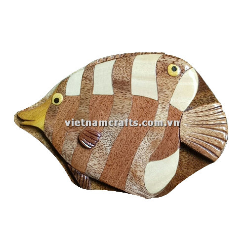 IB235 Intarsia Wood Art Wholesale Secret Wooden Scroll Saw Puzzle Box Manufacture Handcrafted Wooden Supplier Made In Vietnam Fish