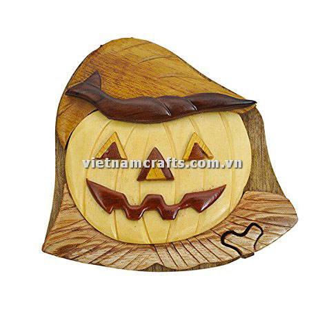 IB236 Intarsia Wood Art Wholesale Secret Wooden Scroll Saw Puzzle Box Manufacture Handcrafted Wooden Supplier Made In Vietnam Pumkin