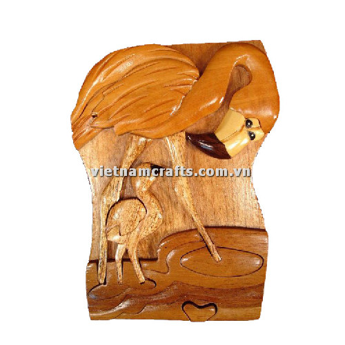 IB247 Intarsia Wood Art Wholesale Secret Wooden Scroll Saw Puzzle Box Manufacture Handcrafted Wooden Supplier Made In Vietnam Flamingo Mother and Baby