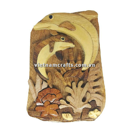 IB253 Intarsia Wood Art Wholesale Secret Wooden Scroll Saw Puzzle Box Manufacture Handcrafted Wooden Supplier Made In Vietnam Leaping Dolphins