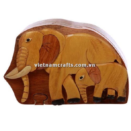 IB254 Intarsia Wood Art Wholesale Secret Wooden Scroll Saw Puzzle Box Manufacture Handcrafted Wooden Supplier Made In Vietnam Mother and Baby Elephant