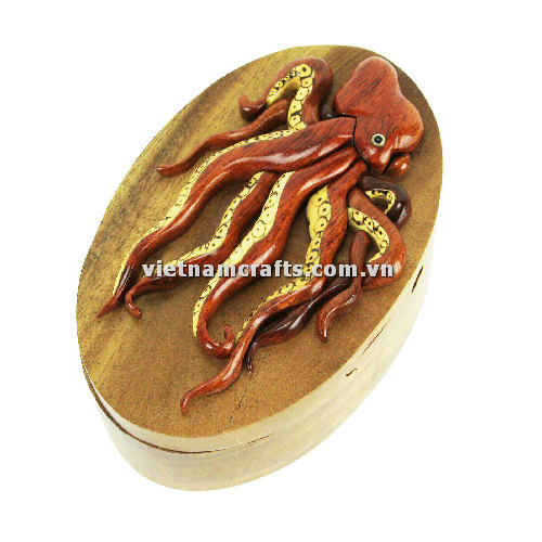 IB259 Intarsia Wood Art Wholesale Secret Wooden Scroll Saw Puzzle Box Manufacture Handcrafted Wooden Supplier Made In Vietnam Octopus