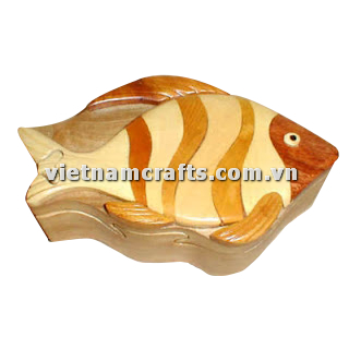 IB267 Intarsia Wood Art Wholesale Secret Wooden Scroll Saw Puzzle Box Manufacture Handcrafted Wooden Supplier Made In Vietnam Fish