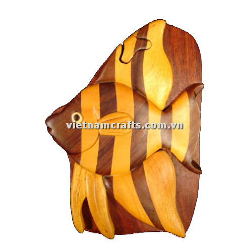 IB269 Intarsia Wood Art Wholesale Secret Wooden Scroll Saw Puzzle Box Manufacture Handcrafted Wooden Supplier Made In Vietnam Fish