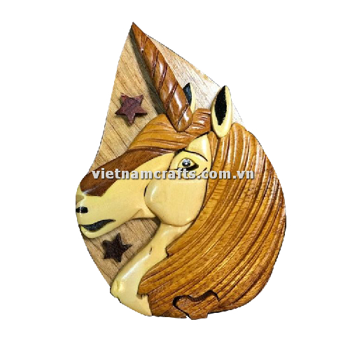 IB270 Intarsia Wood Art Wholesale Secret Wooden Scroll Saw Puzzle Box Manufacture Handcrafted Wooden Supplier Made In Vietnam Unicorn