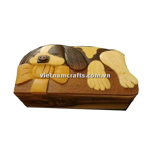 IB274 Intarsia Wood Art Wholesale Secret Wooden Scroll Saw Puzzle Box Manufacture Handcrafted Wooden Supplier Made In Vietnam Sleeping Dog