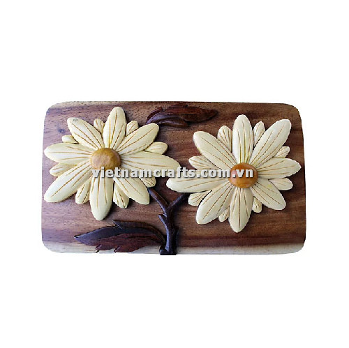 IB276 Intarsia Wood Art Wholesale Secret Wooden Scroll Saw Puzzle Box Manufacture Handcrafted Wooden Supplier Made In Vietnam Daisy Flower