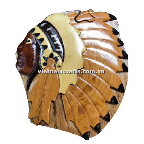 IB280 Intarsia Wood Art Wholesale Secret Wooden Scroll Saw Puzzle Box Manufacture Handcrafted Wooden Supplier Made In Vietnam Native American Cheif