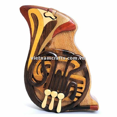 IB281 Intarsia Wood Art Wholesale Secret Wooden Scroll Saw Puzzle Box Manufacture Handcrafted Wooden Supplier Made In Vietnam French Horn