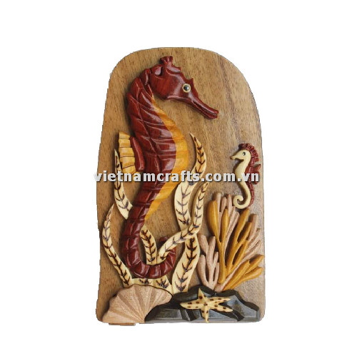 Ib227 Intarsia Wood Art Wholesale Secret Wooden Scroll Saw Puzzle Box Manufacture Handcrafted Wooden Supplier Made In Vietnam Sea Horse
