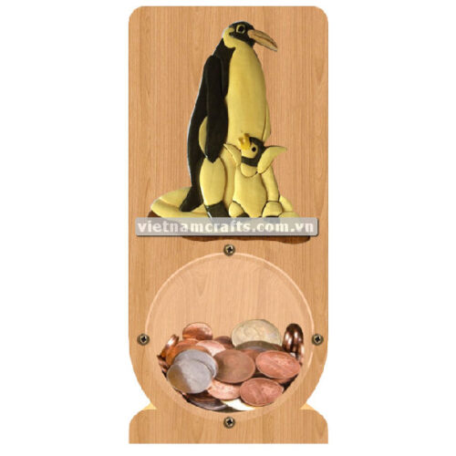 PGB89 Wholesale Scroll Saw Intarsia Wood Art Money Saving Wooden Box Piggy Bank Design Penguine Family (1)