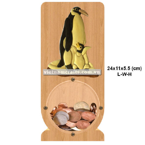 PGB89 Wholesale Scroll Saw Intarsia Wood Art Money Saving Wooden Box Piggy Bank Design Penguine Family (2)